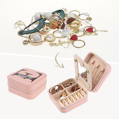 Mirror Portable Travel Jewelry Organizer Case Storage with Mirror and Initial