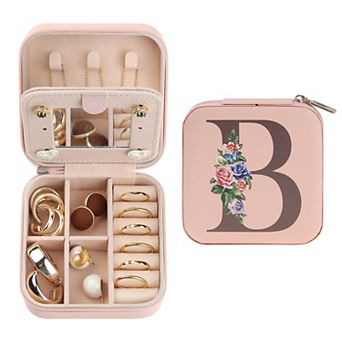 Mirror Portable Travel Jewelry Organizer Case Storage with Mirror and Initial