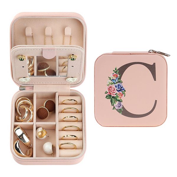 Travel Jewelry Box With Mirror Portable Jewelry Organizer Case Storage Display Holder - Pink Letter C