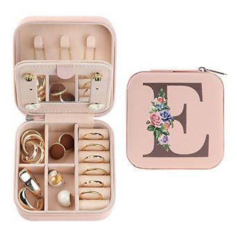Mirror Portable Travel Jewelry Organizer Case Storage with Mirror and Initial