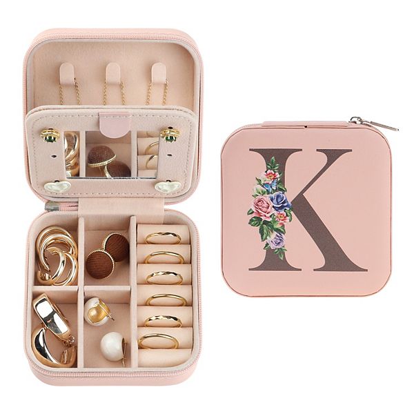 Travel Jewelry Box With Mirror Portable Jewelry Organizer Case Storage Display Holder - Pink Letter K
