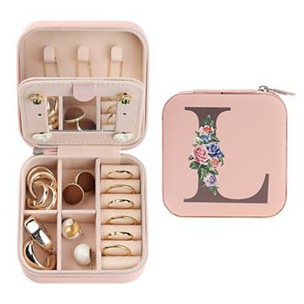 Mirror Portable Travel Jewelry Organizer Case Storage with Mirror and Initial