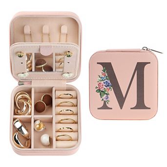 Mirror Portable Travel Jewelry Organizer Case Storage with Mirror and Initial