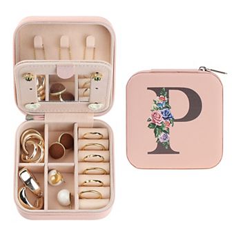 Mirror Portable Travel Jewelry Organizer Case Storage with Mirror and Initial