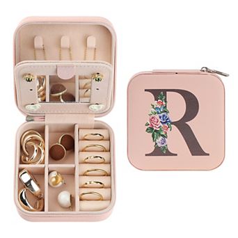 Mirror Portable Travel Jewelry Organizer Case Storage with Mirror and Initial