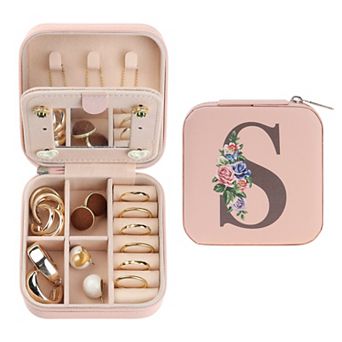 Mirror Portable Travel Jewelry Organizer Case Storage with Mirror and Initial