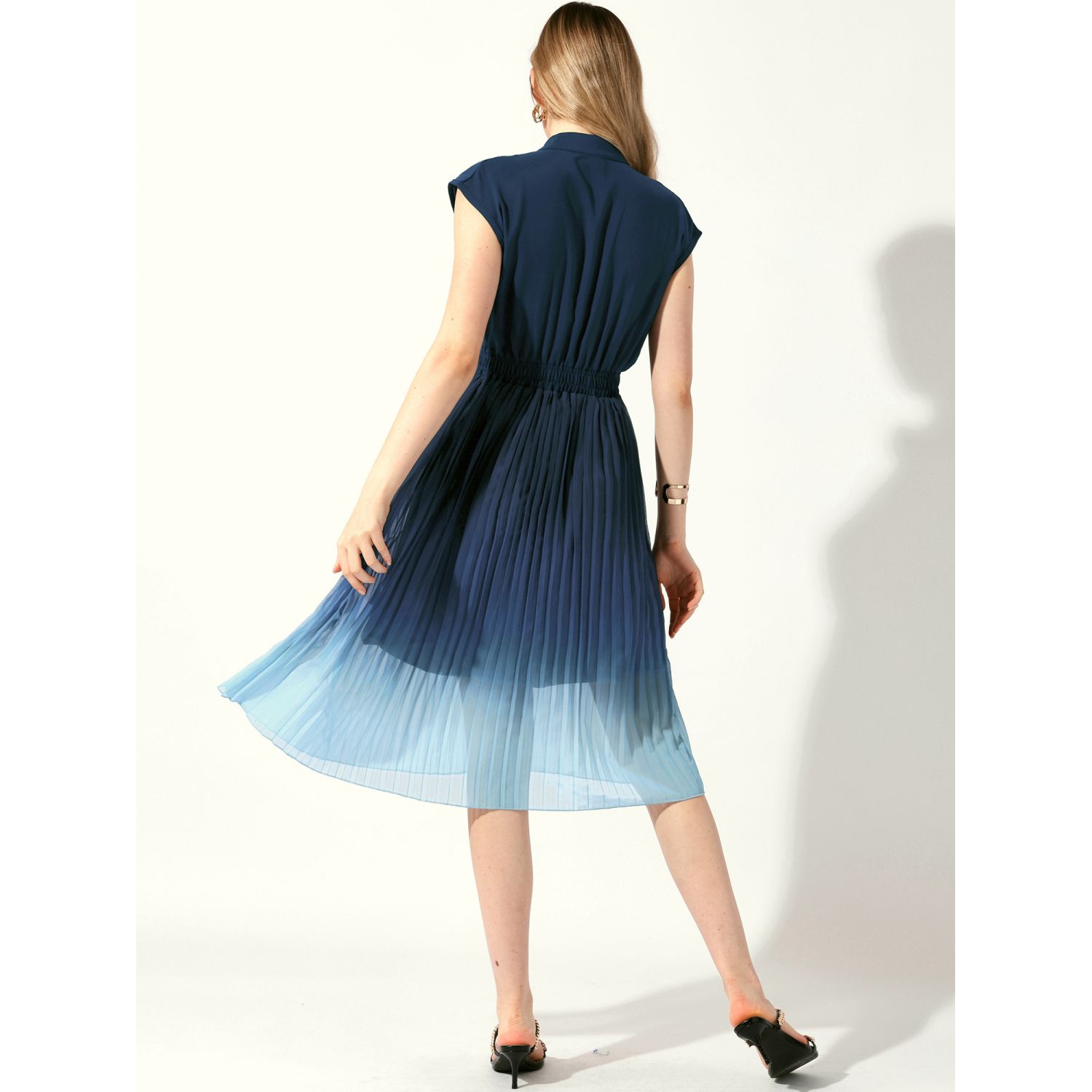 Women's Summer Midi Dress - Short Sleeve, Smocked Top, Flowy Pleated Skirt, Loose Fit, Solid Colors