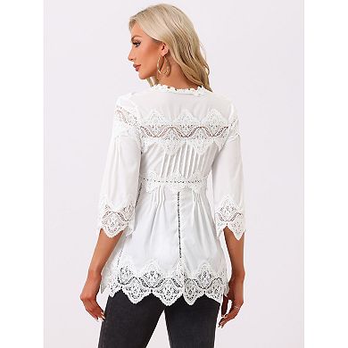 Women's Lace Trim Chiffon Elegant Spring Hollow Out 3/4 Sleeve V Neck Shirts