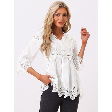 Women's Lace Trim Chiffon Elegant Spring Hollow Out 3/4 Sleeve V Neck Shirts