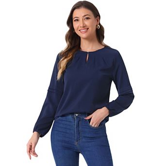 Women's Work Tops Chiffon Shirt Long Sleeve Keyhole Neck Elegant Blouse