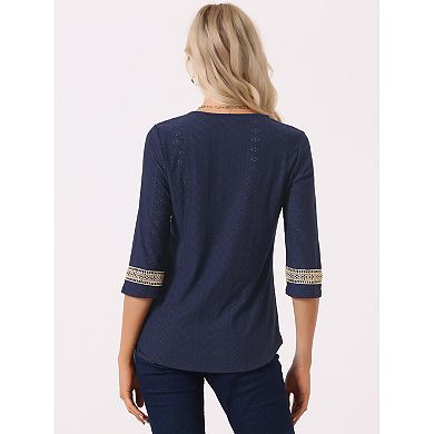 Women's Contrast Color V Neck Loose Lace Trim Boho Top