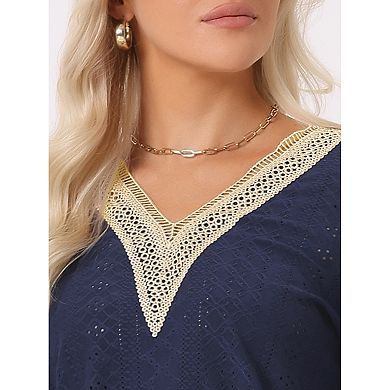 Women's Contrast Color V Neck Loose Lace Trim Boho Top