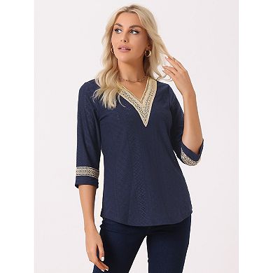 Women's Contrast Color V Neck Loose Lace Trim Boho Top