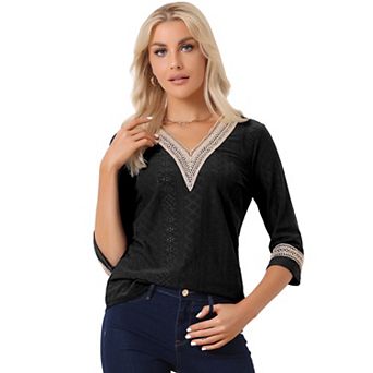 Women's Contrast Color V Neck Loose Lace Trim Boho Top