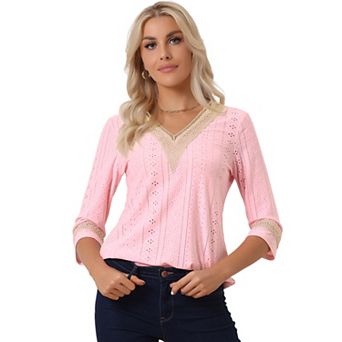 Women's Contrast Color V Neck Loose Lace Trim Boho Top