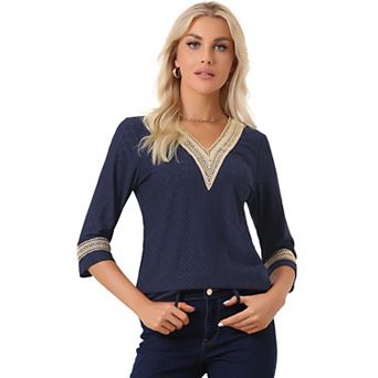 Women's Contrast Color V Neck Loose Lace Trim Boho Top