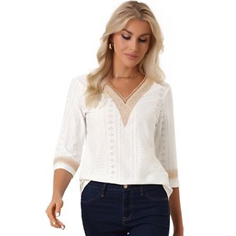Women's Contrast Color V Neck Loose Lace Trim Boho Top