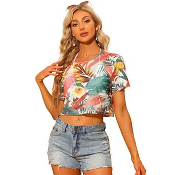 Tropical Leaves Top For Women's Short Sleeve Semi-sheer Crop Top