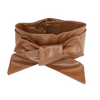 Womens Faux Leather Wrap Around Tie Corset Cinch Bowknot Wide Waist Belt Brown