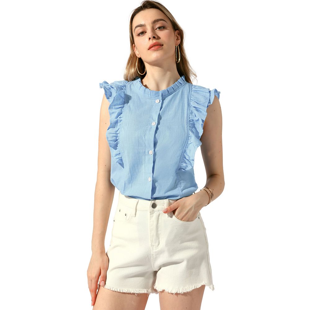 Frilled Round Neck Button Up Blouse main image 1