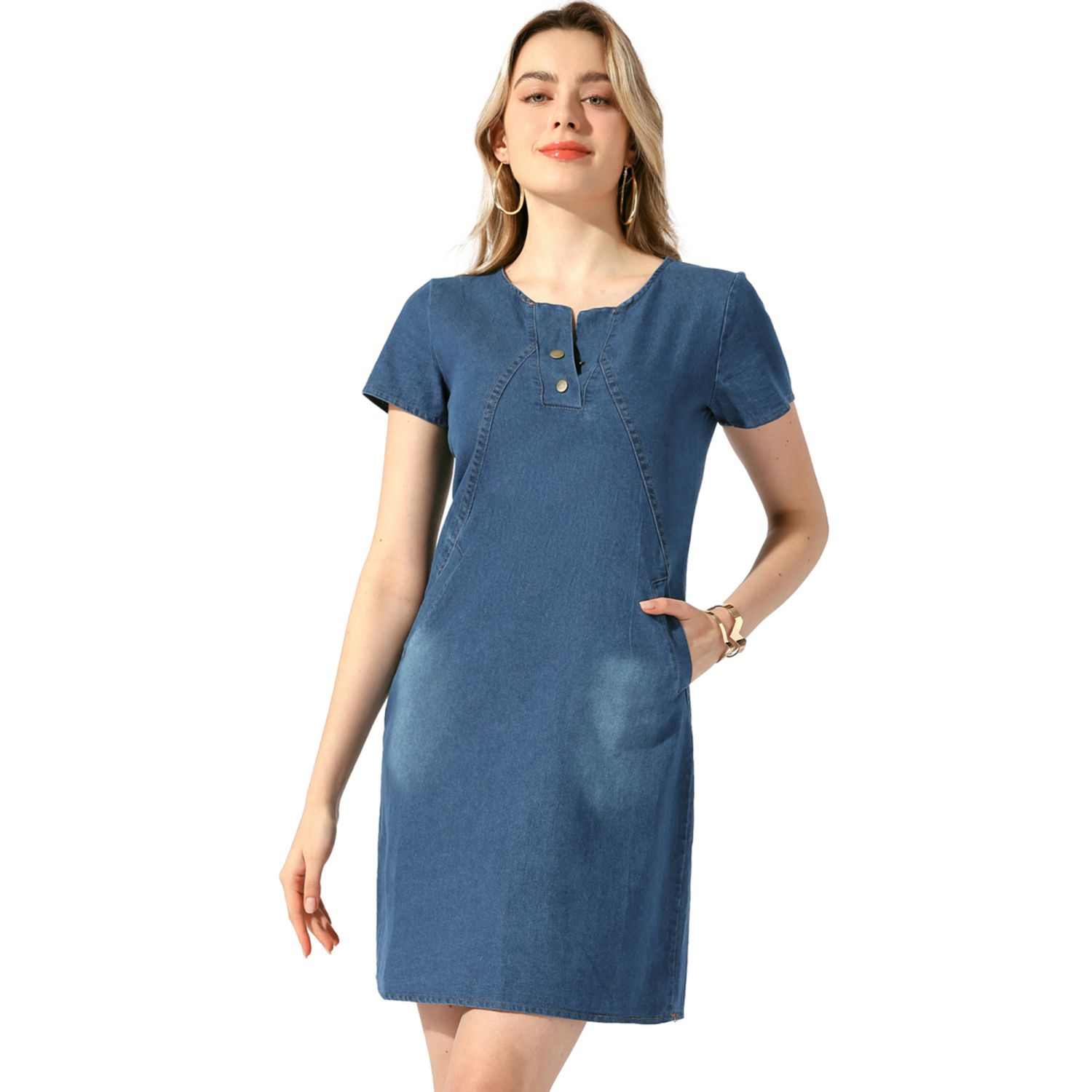 Women's Short Sleeve Denim Dresses Side Pockets Button Down Cotton Summer  Jean Dress