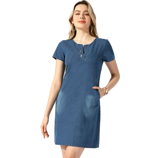 Women's Short Sleeve Denim Dresses Side Pockets Button Down Cotton