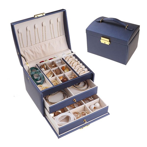 3 Layer Jewellery Box Jewellery Organizer Storage Display Holder With Drawer - Dark Blue (ONE SIZE)