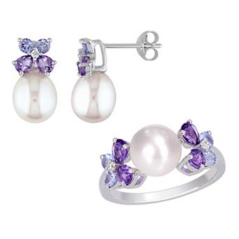Stella Grace Sterling Silver Diamond Accent, Tanzanite, Amethyst & Freshwater Cultured Pearl Earrings & Ring Set