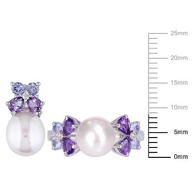 Stella Grace Sterling Silver Diamond Accent, Tanzanite, Amethyst & Freshwater Cultured Pearl Earrings & Ring Set