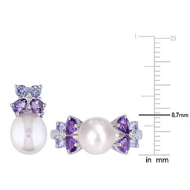 Stella Grace Sterling Silver Diamond Accent, Tanzanite, Amethyst & Freshwater Cultured Pearl Earrings & Ring Set