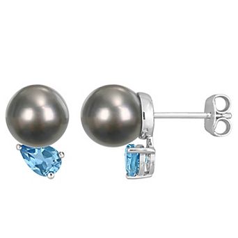 Stella Grace Sterling Silver Swiss Blue Topaz & Black Tahitian Cultured Pearl Stud Earrings