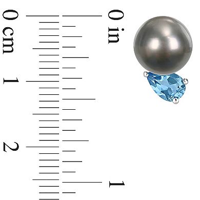Stella Grace Sterling Silver Swiss Blue Topaz & Black Tahitian Cultured Pearl Stud Earrings
