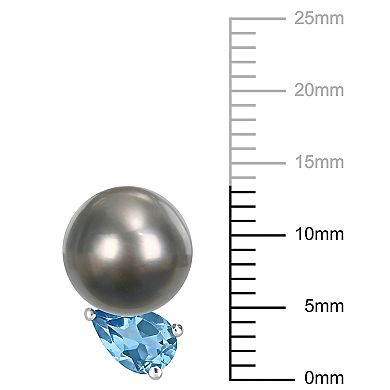 Stella Grace Sterling Silver Swiss Blue Topaz & Black Tahitian Cultured Pearl Stud Earrings