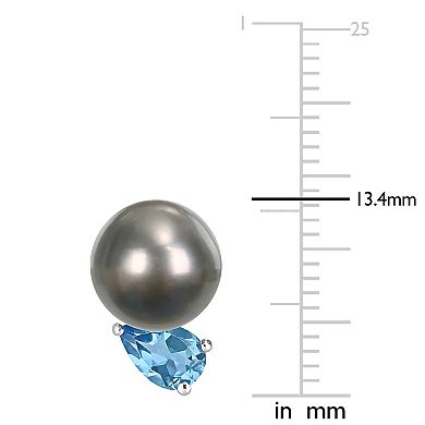 Stella Grace Sterling Silver Swiss Blue Topaz & Black Tahitian Cultured Pearl Stud Earrings