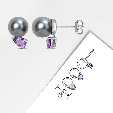 Stella Grace Sterling Silver Swiss Blue Topaz & Black Tahitian Cultured Pearl Stud Earrings