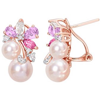 Stella Grace 18k Rose Gold Over Silver Multi-Gemstone & Pink Freshwater Cultured Pearl Cluster Earrings