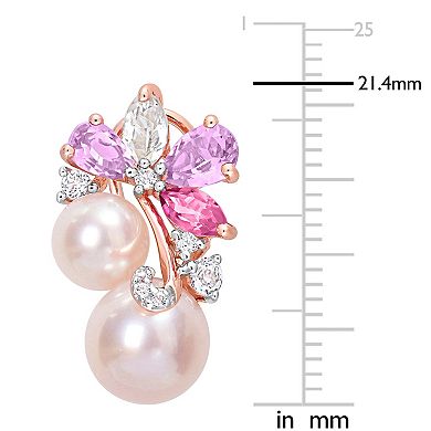 Stella Grace 18k Rose Gold Over Silver Multi-Gemstone & Pink Freshwater Cultured Pearl Cluster Earrings
