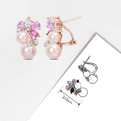 Stella Grace 18k Rose Gold Over Silver Multi-Gemstone & Pink Freshwater Cultured Pearl Cluster Earrings