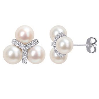 Stella Grace Sterling Silver White Topaz & Freshwater Cultured Pearl Floral Stud Earrings