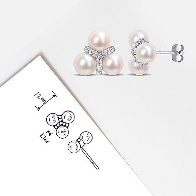 Stella Grace Sterling Silver White Topaz & Freshwater Cultured Pearl Floral Stud Earrings