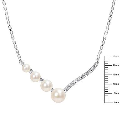 Stella Grace Sterling Silver Lab-Created White Sapphire & Freshwater Cultured Pearl Chevron Necklace