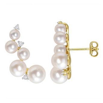 Stella Grace 18k Gold Over Silver White Topaz & Freshwater Cultured Pearl Climber Earrings