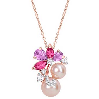 Stella Grace 18k Rose Gold Over Silver Multi-Gemstone & Pink Freshwater Cultured Pearl Cluster Pendant Necklace