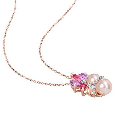 Stella Grace 18k Rose Gold Over Silver Multi-Gemstone & Pink Freshwater Cultured Pearl Cluster Pendant Necklace