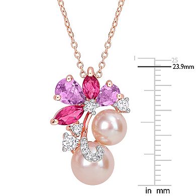 Stella Grace 18k Rose Gold Over Silver Multi-Gemstone & Pink Freshwater Cultured Pearl Cluster Pendant Necklace