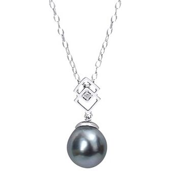 Stella Grace Sterling Silver White Topaz & Black Tahitian Cultured Pearl Lozenge Drop Pendant Necklace