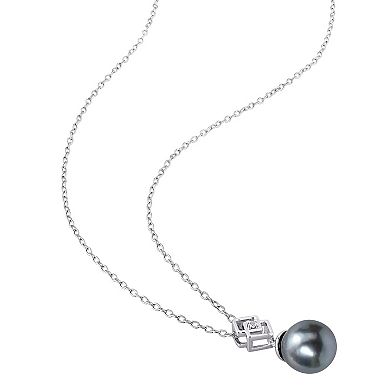 Stella Grace Sterling Silver White Topaz & Black Tahitian Cultured Pearl Lozenge Drop Pendant Necklace