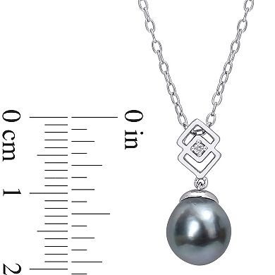 Stella Grace Sterling Silver White Topaz & Black Tahitian Cultured Pearl Lozenge Drop Pendant Necklace