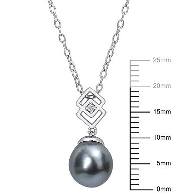 Stella Grace Sterling Silver White Topaz & Black Tahitian Cultured Pearl Lozenge Drop Pendant Necklace