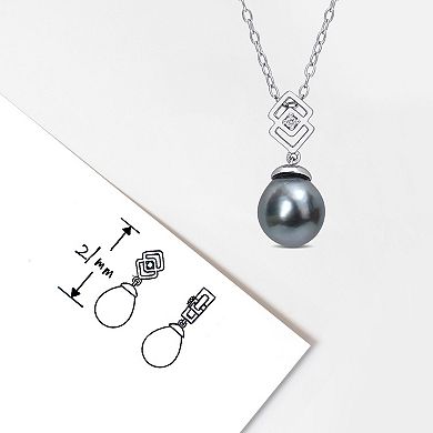 Stella Grace Sterling Silver White Topaz & Black Tahitian Cultured Pearl Lozenge Drop Pendant Necklace